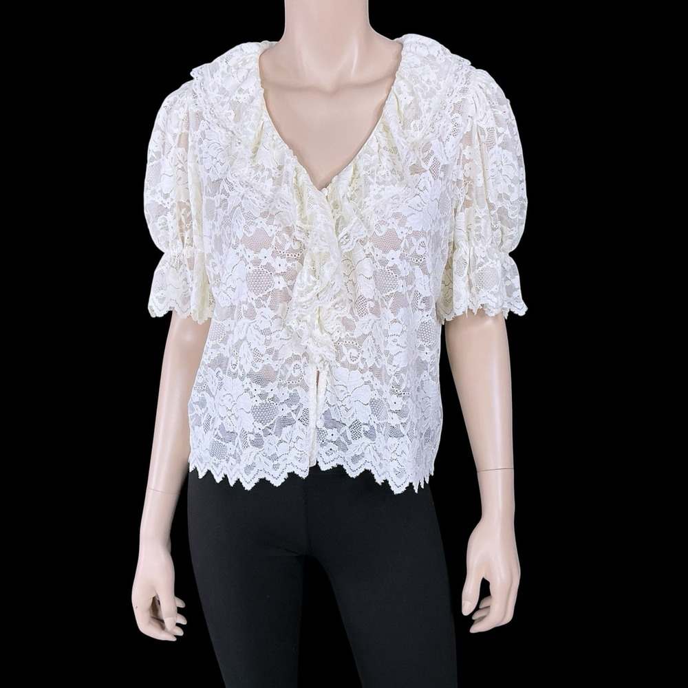 Ultra Pink Top Women Medium Ivory Lace Sheer Button Down V-Neck Short Sleeve NWT